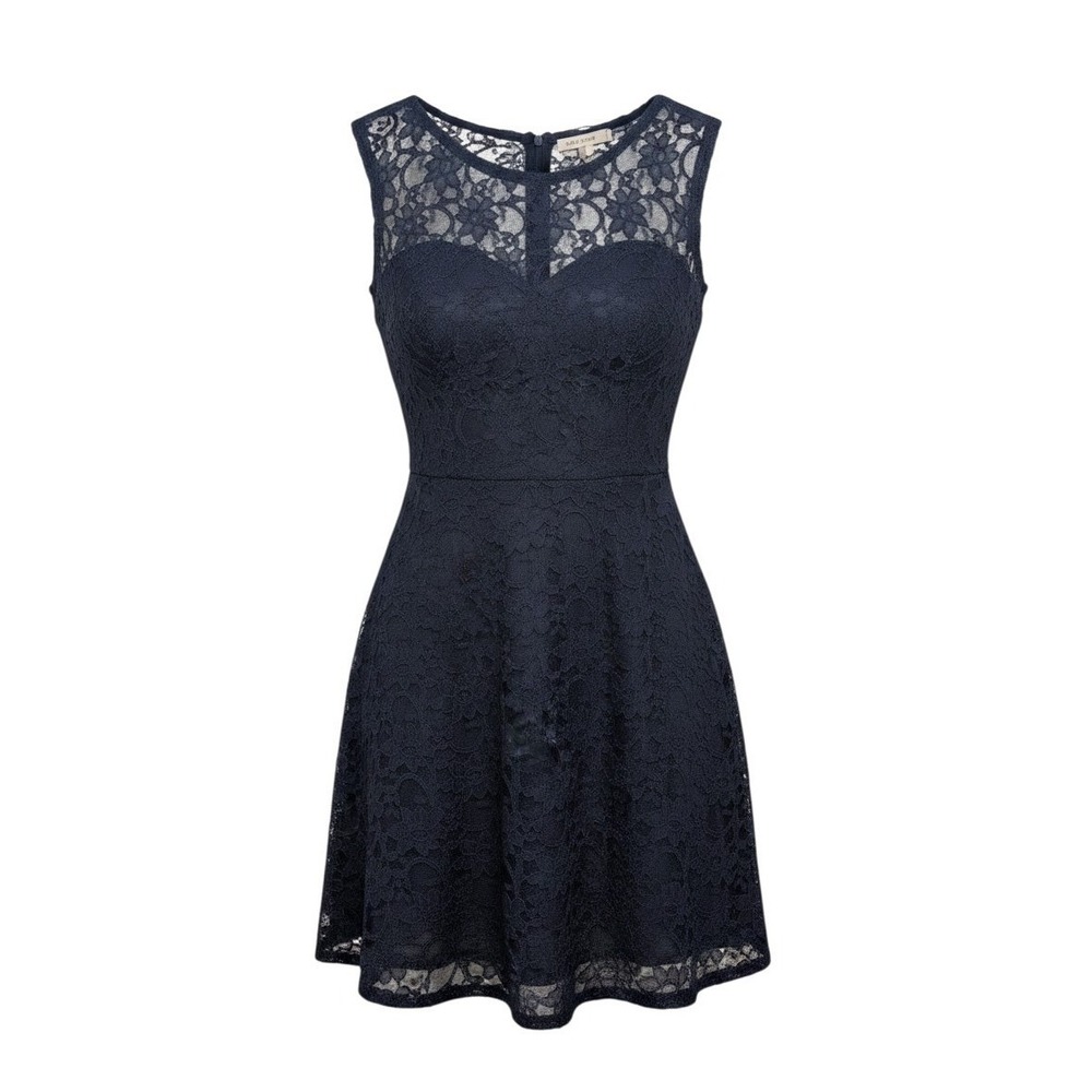 Morilee Midi Dress Navy Blue Floral Guipure Lace Tiered - 10